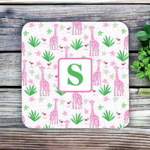 Preppy Giraffes & Cosmopolitans Monogram Square Paper Coaster