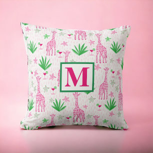 Preppy Giraffes Cosmopolitans Pink Monogram  Throw Pillow