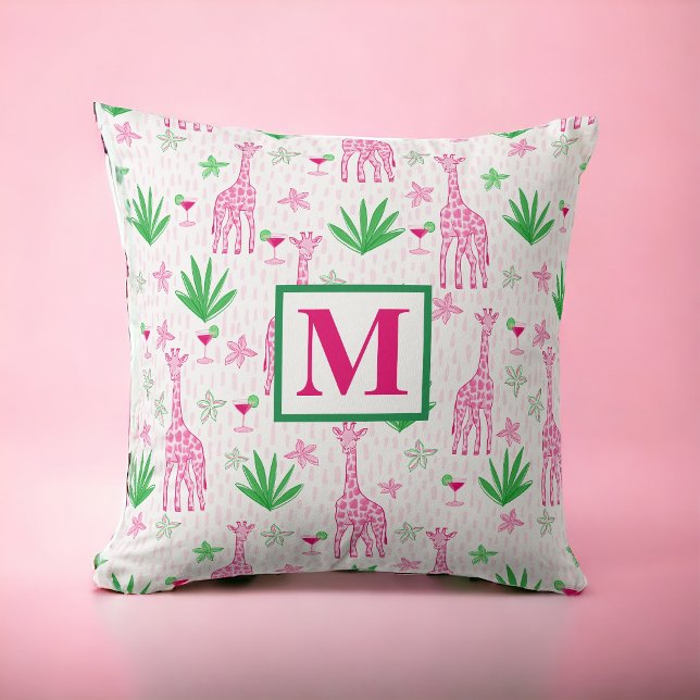 Preppy Giraffes Cosmopolitans Pink Monogram  Throw Pillow (Creator Uploaded)