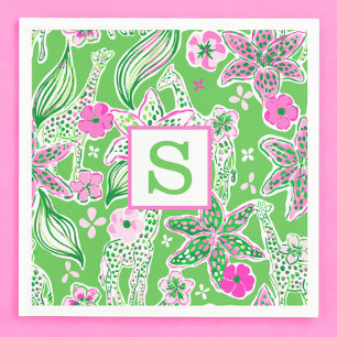 Preppy Giraffes Lily Pink Green Monogram Napkins