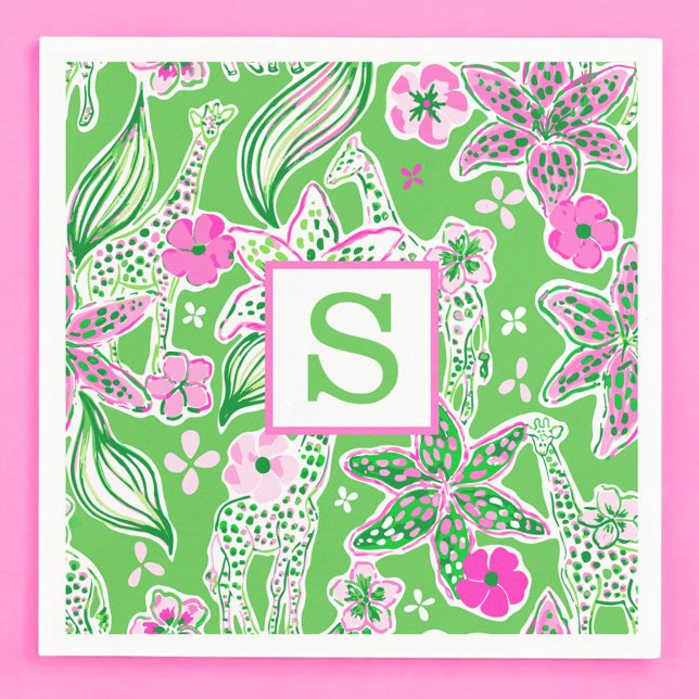 Preppy Giraffes Lily Pink Green Monogram Napkins (Creator Uploaded)
