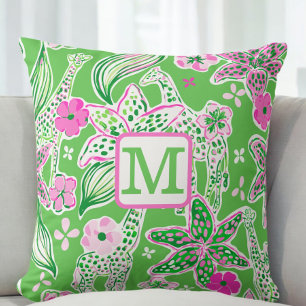 Preppy Giraffes Lily Pink Green Monogram Throw Pillow