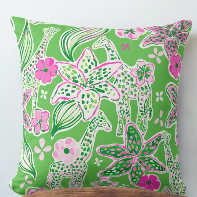 Preppy Giraffes Lily Pink Green Throw Pillow (Creator Uploaded)