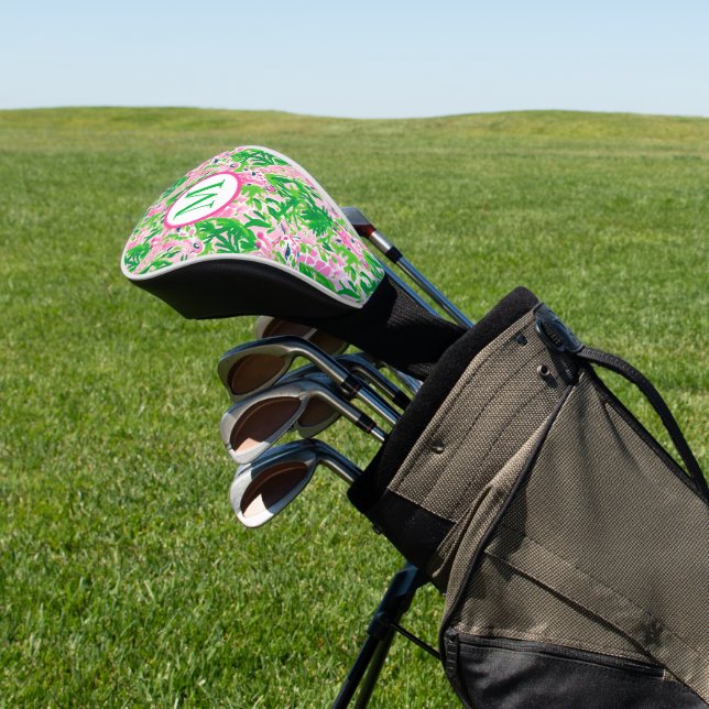 Preppy Giraffes Pink Green Monogram Golf Head Cover (In Situ)