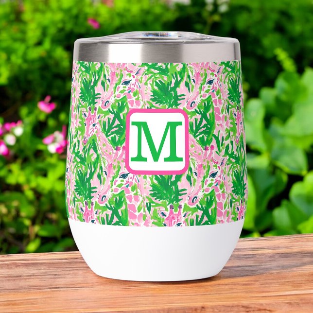 Preppy Giraffes Pink Green Tropical Monogram Thermal Wine Tumbler (Creator Uploaded)