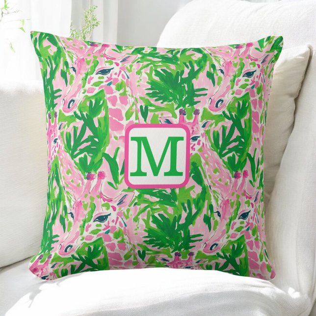 Preppy Giraffes Pink Green Tropical Monogram Throw Pillow (Creator Uploaded)