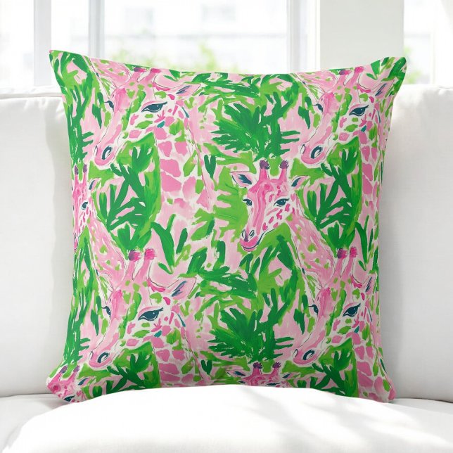 Preppy Giraffes Pink Green Tropical Throw Pillow (Creator Uploaded)