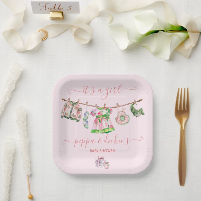 Preppy Girl clothesline Baby Shower Paper Plates (Wedding)