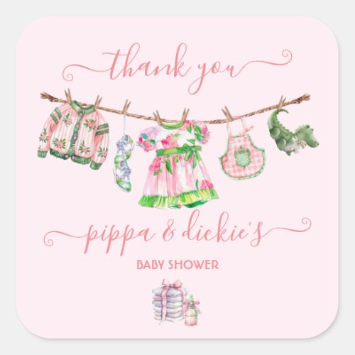 Preppy Girl clothesline Baby Shower Square Sticker