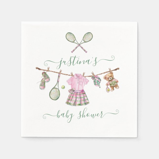 Preppy Girl Tennis Baby Shower Clothesline Napkins (Front)
