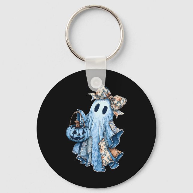 Preppy Girly Coquette Bow Patchwork Ghost Fall Hal Keychain (Front)