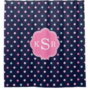Preppy Girly Navy Pink Aqua Dots Personalized Shower Curtain