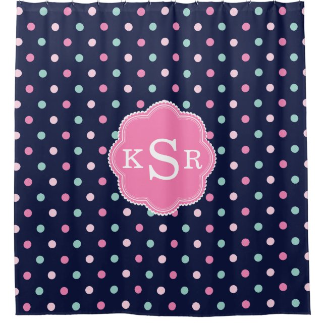 Preppy Girly | Navy Pink Aqua Dots Personalized Shower Curtain (Front)