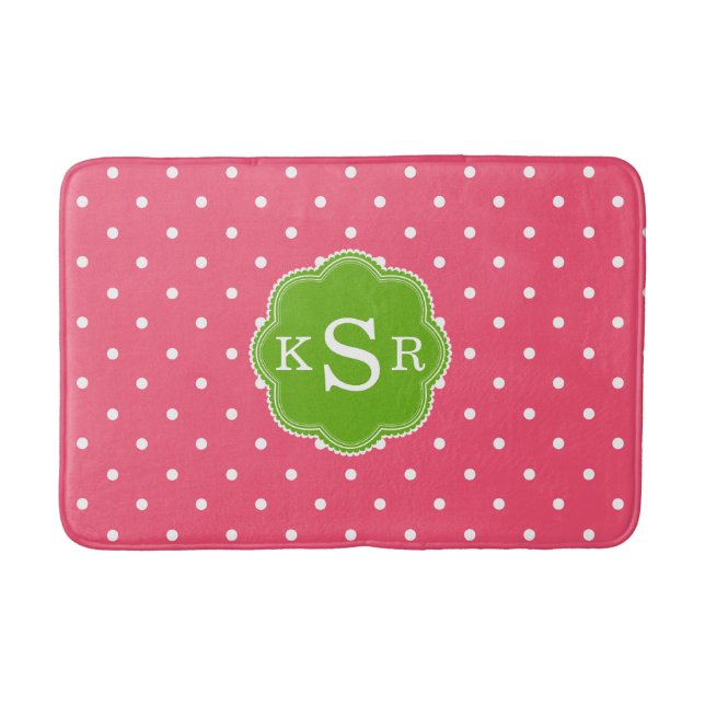 Preppy Girly | Watermelon Pink Green Dots Custom Bathroom Mat (Front)