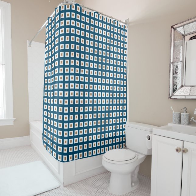  Preppy Gold and Blue Geometric Grid Pattern Showe Shower Curtain (In Situ)