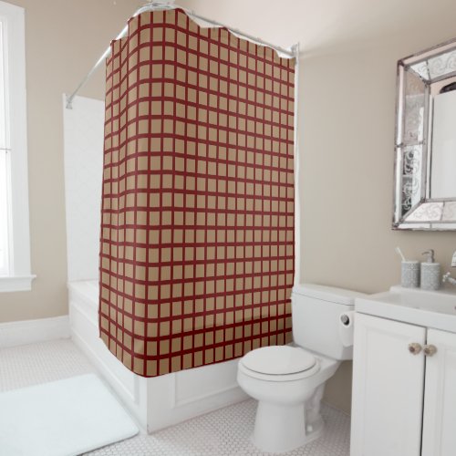  Preppy Gold and Burgundy Geometric Grid Pattern Shower Curtain