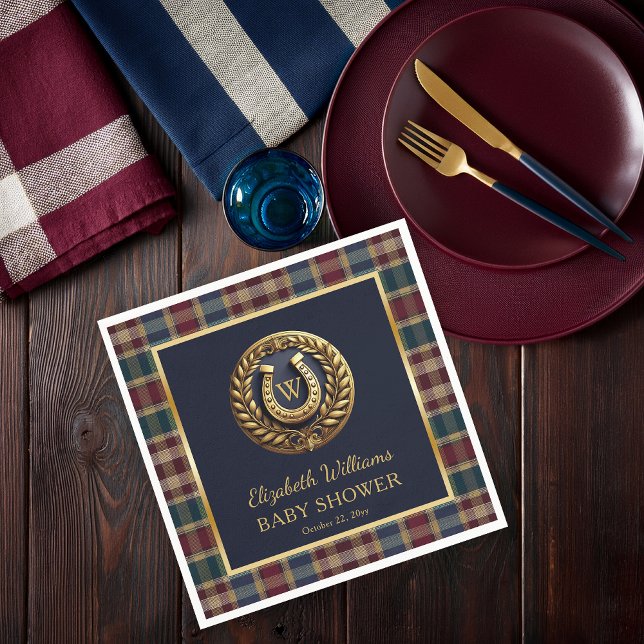 Preppy Gold Horseshoe Monogram Blue Baby Shower Napkins (Equestrian Emblem Monogram Preppy Navy Blue and Plaid Boy Baby Shower Paper Napkins)