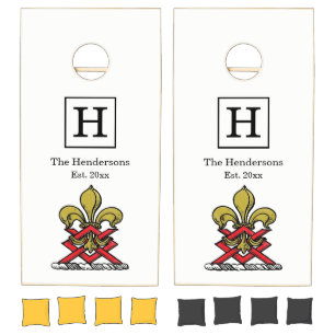 Preppy Gold Red Heraldic Crest Fleur de Lis Emblem Cornhole Set