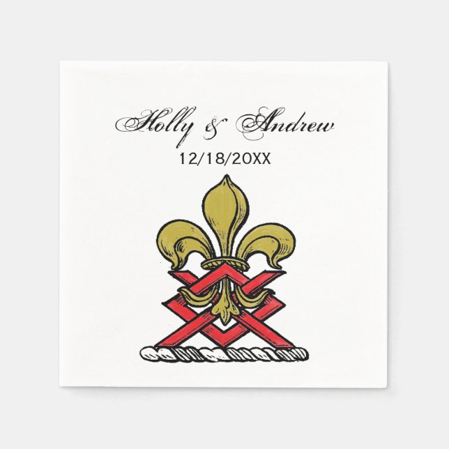 Preppy Gold Red Heraldic Crest Fleur de Lis Emblem Napkins (Front)