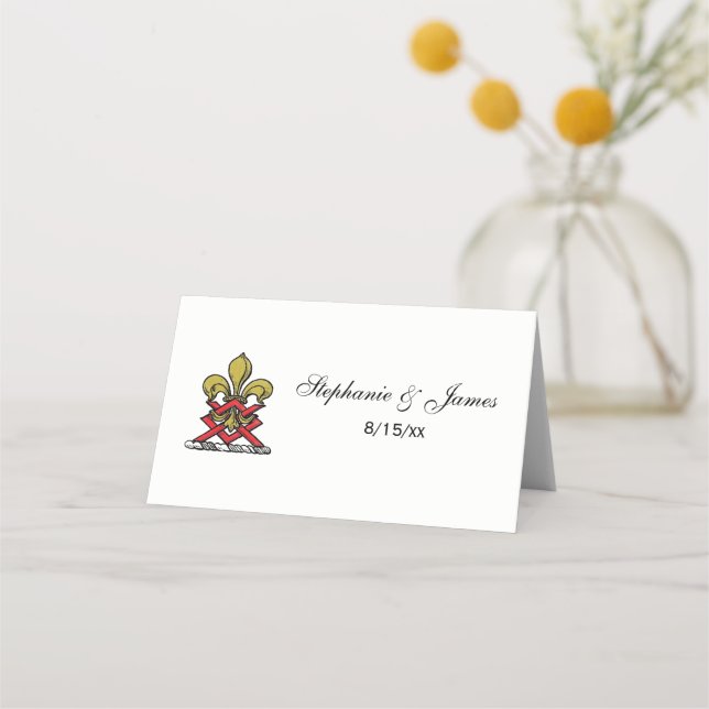 Preppy Gold Red Heraldic Crest Fleur de Lis Emblem Place Card (Front)