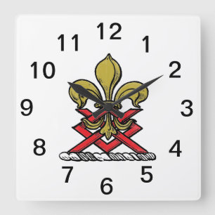 Preppy Gold Red Heraldic Crest Fleur de Lis Emblem Square Wall Clock