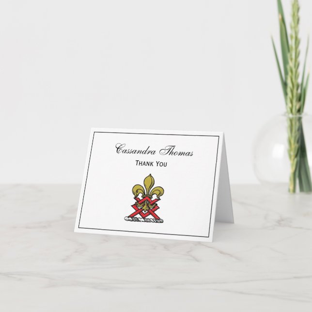 Preppy Gold Red Heraldic Crest Fleur de Lis Emblem Thank You Card (Front)
