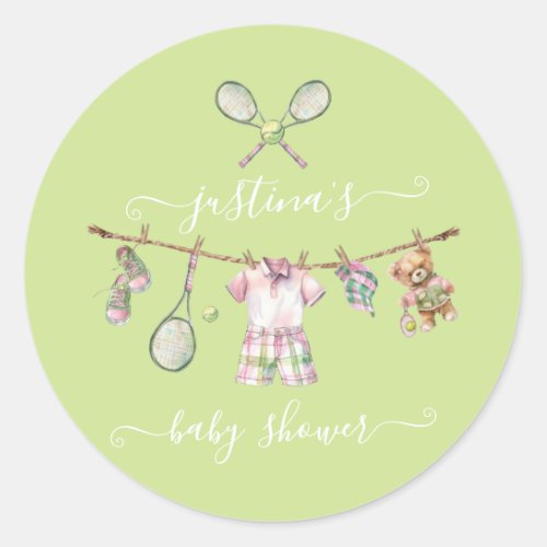 Preppy Golf Baby Shower Clothesline Classic Round Sticker