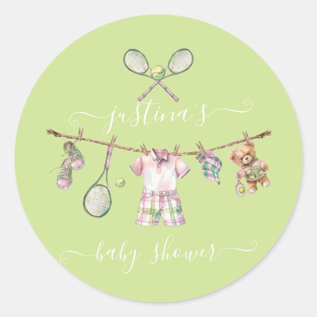 Preppy Golf Baby Shower Clothesline Classic Round Sticker (Front)
