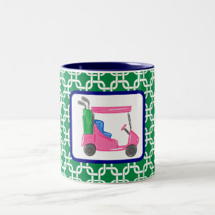 Preppy Golf Cart Green White Link Pattern Golfer Two-Tone Coffee Mug