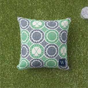 Preppy Golf Damask - Balls & Clubs in Navy & Green Outdoor Pillow