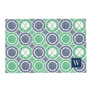 Preppy Golf Damask - Balls & Clubs – Navy & Green Placemat