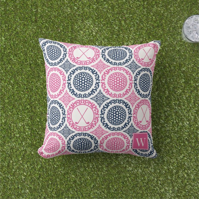Preppy Golf Damask - Balls & Clubs Navy & Hot Pink Outdoor Pillow (Grass)