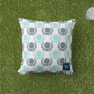 Preppy Golf Laurel Wreath - Navy & Turquoise Outdoor Pillow