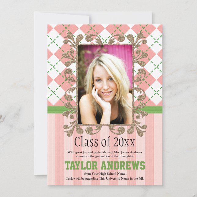 Preppy Graduation Invitations Announcements Pink (Front)