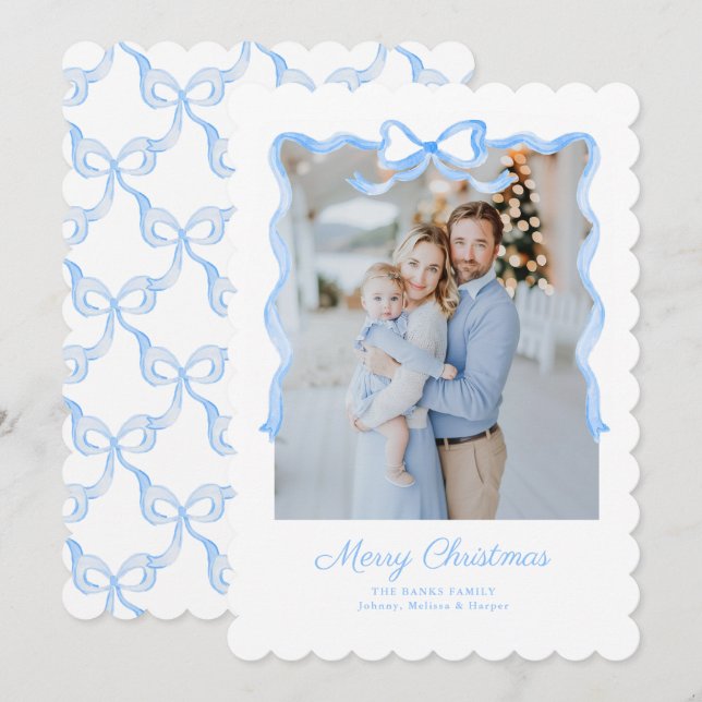 Preppy Grandmillennial Blue Bows Classic Holiday Card (Front/Back)