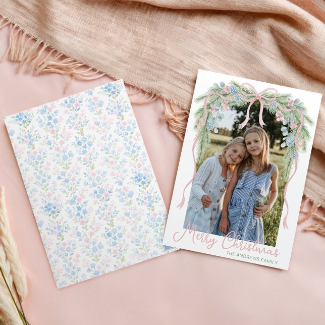 Preppy Grandmillennial Christmas Bow Swag Photo Holiday Card (Creator Uploaded)