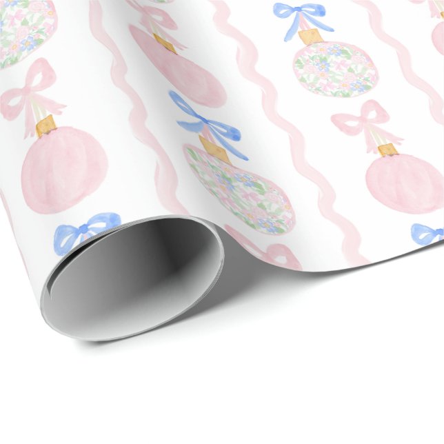 Preppy Grandmillennial Christmas Bulbs and Bows Wrapping Paper (Roll Corner)