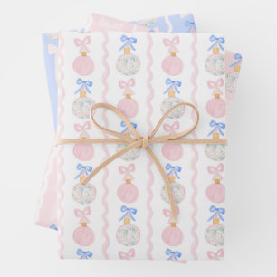 Preppy Grandmillennial Christmas Bulbs and Bows Wrapping Paper Sheets