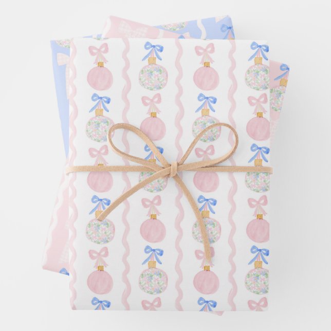 Preppy Grandmillennial Christmas Bulbs and Bows Wrapping Paper Sheets (In situ)