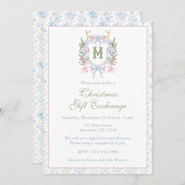 Preppy Grandmillennial Christmas Monogram Crest Invitation (Front/Back)