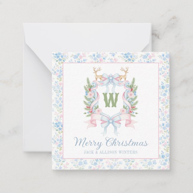 Preppy Grandmillennial Christmas Monogram Crest Note Card (Front)
