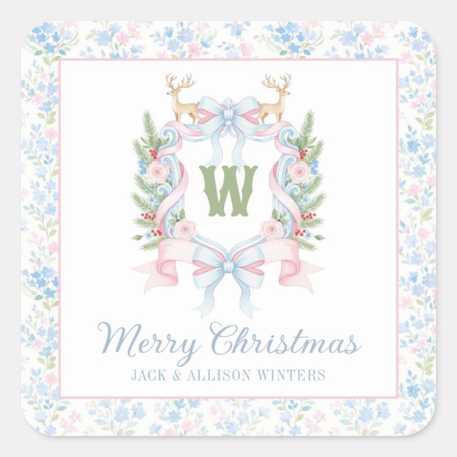 Preppy Grandmillennial Christmas Monogram Crest Square Sticker (Front)