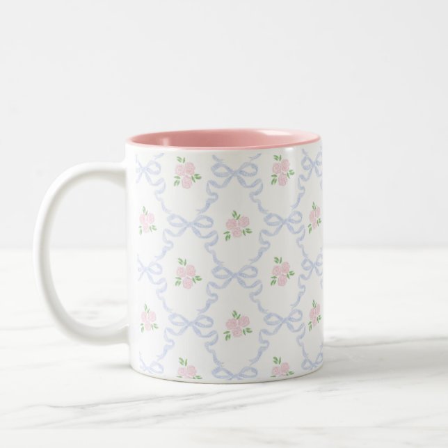 Preppy Grandmillennial Coquette Preppy Floral  Two-Tone Coffee Mug (Left)