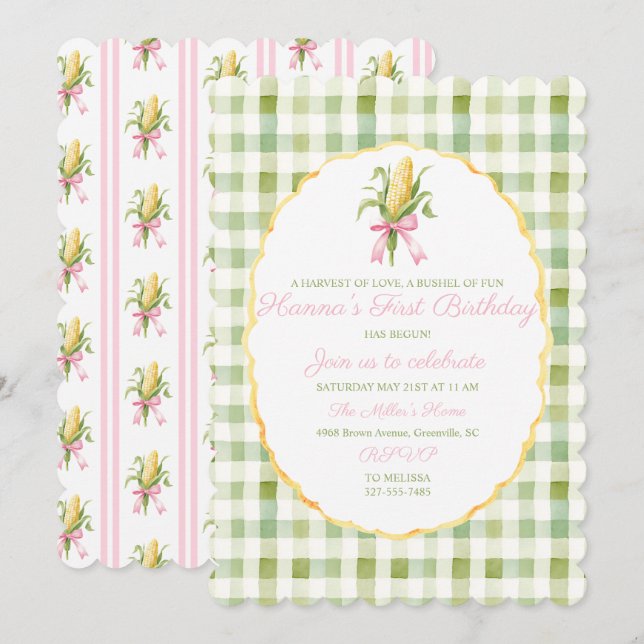 Preppy Grandmillennial Corn Harvest First Birthday Invitation (Front/Back)