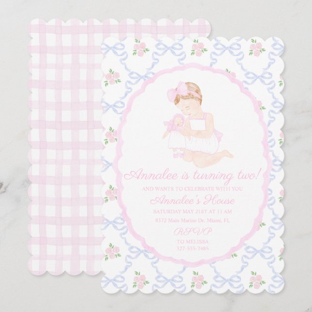 Preppy Grandmillennial Dolly and Me Pink Bows Invitation (Front/Back)