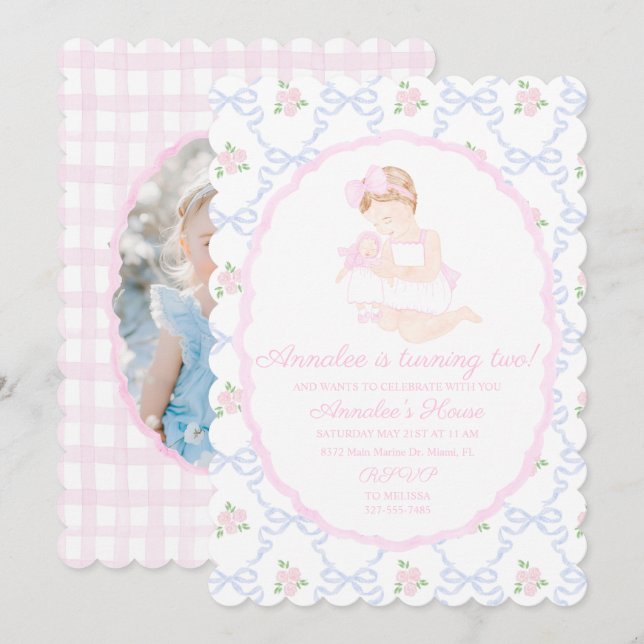 Preppy Grandmillennial Dolly and Me Pink Bows Invitation (Front/Back)