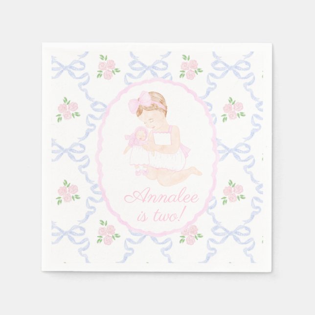 Preppy Grandmillennial Dolly and Me Pink Bows Napkins (Front)