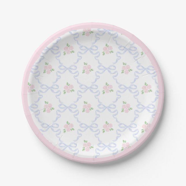 Preppy Grandmillennial Dolly and Me Pink Bows Paper Plates (Front)