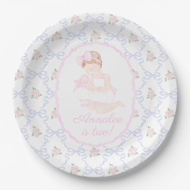 Preppy Grandmillennial Dolly and Me Pink Bows Paper Plates (Front)