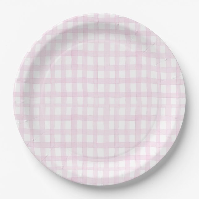 Preppy Grandmillennial Dolly and Me Pink Gingham Paper Plates (Front)